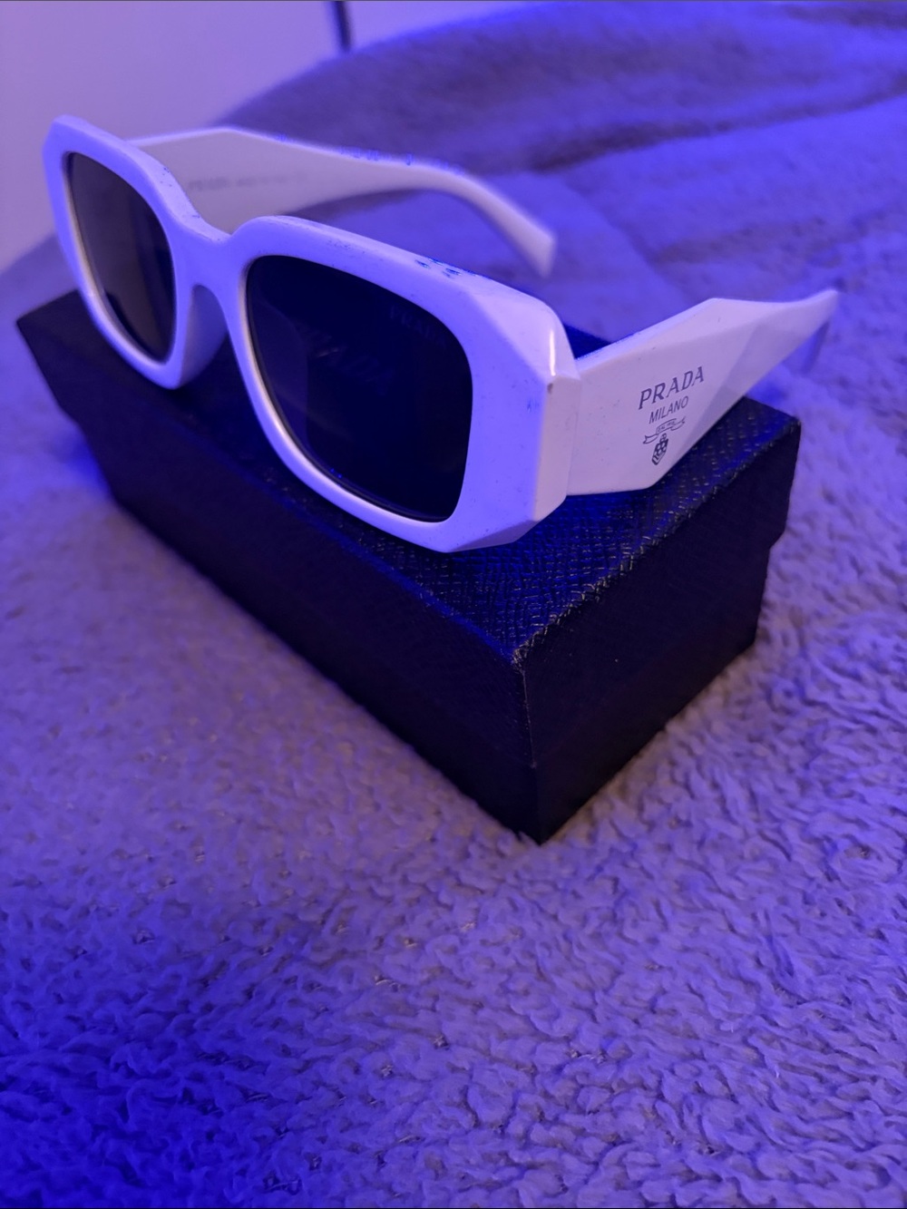 Prada White Rectangular Sunglasses with Dark Lenses